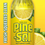 Close-up crop of the Pine-Sol Lemon Fresh label showing the lemon slice, brand logo and 'Fresh-Squeezed Clean' vertical text