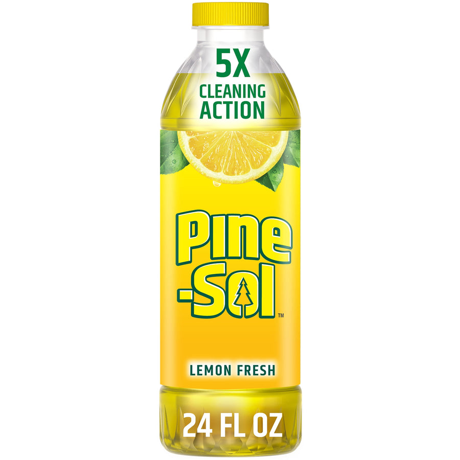 Tall Pine-Sol Lemon Fresh bottle with yellow label, lemon slice graphic and 24 FL OZ shown at bottom
