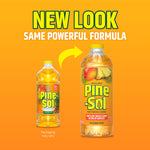 Promotional graphic showing old and new Pine-Sol bottle designs with 'NEW LOOK SAME POWERFUL FORMULA' text