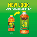 Graphic comparing old and new Pine-Sol packaging with text 'NEW LOOK SAME POWERFUL FORMULA' on green background