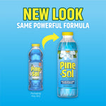 Graphic showing new bottle look arrow from old to new Pine-Sol Refreshing Clean packaging on a blue background
