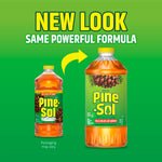 Packaging graphic showing old and new Pine-Sol bottles with text "new look same powerful formula"