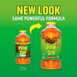 Promotional graphic showing old and new Pine‑Sol bottles with text “NEW LOOK SAME POWERFUL FORMULA” and arrow.