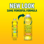Graphic announcing new look showing old and new Pine-Sol Lemon Fresh bottles on yellow background
