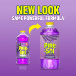 Graphic showing old and new Pine-Sol bottle designs with text 'NEW LOOK SAME POWERFUL FORMULA' on purple background