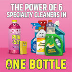 Promotional graphic with Pine-Sol Cherry Blossom bottle and other cleaning product illustrations saying 'One Bottle'