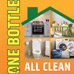 Graphic showing a house-shaped grid of rooms - kitchen, playroom, bathroom, laundry - with 'ONE BOTTLE ALL CLEAN' text