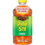 Clear plastic Pine‑Sol bottle with green label, pine cone artwork, yellow cap and “80 FL OZ” visible.