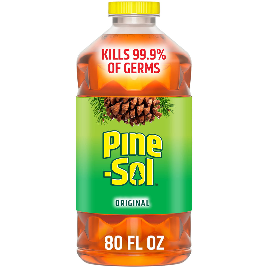 Clear plastic Pine‑Sol bottle with green label, pine cone artwork, yellow cap and “80 FL OZ” visible.