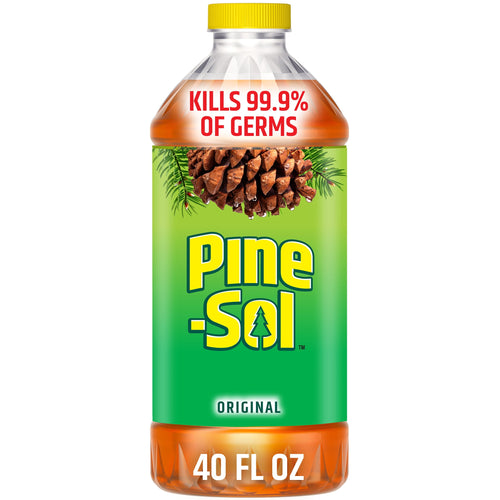 Front-facing Pine-Sol bottle with green label, pinecone graphic and 40 fl oz callout