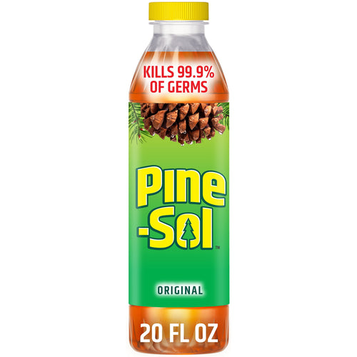 Tall Pine-Sol Original bottle with green label, pinecone graphic and yellow cap on white background