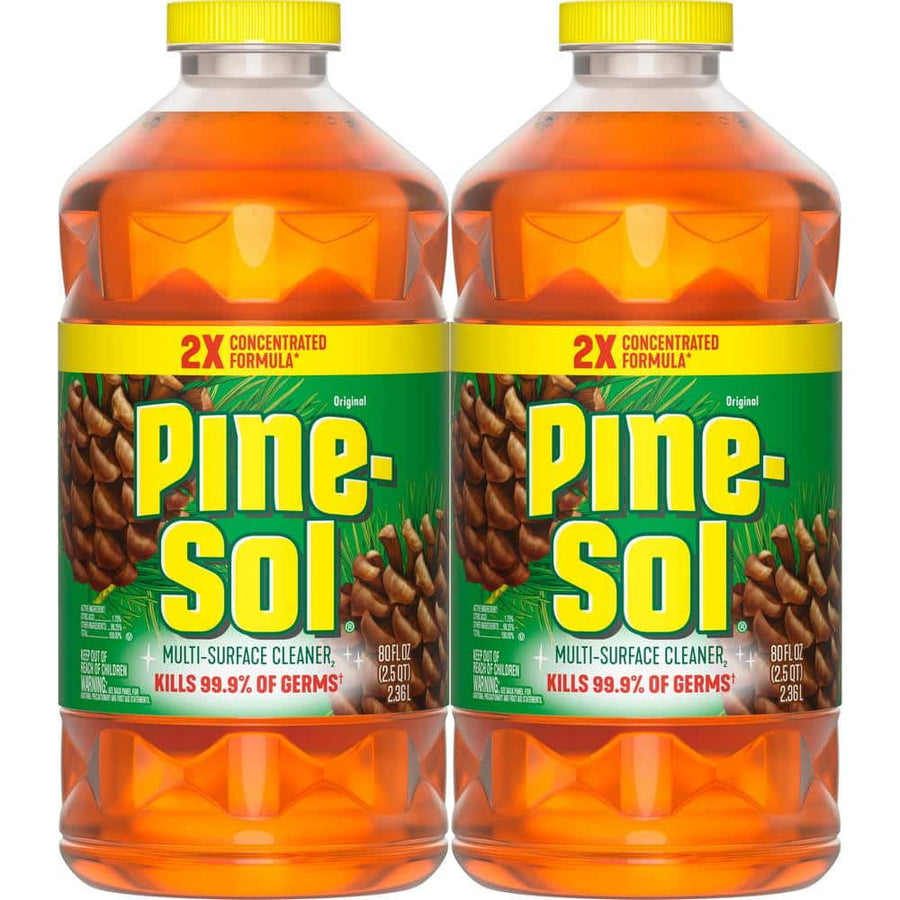 Two Pine-Sol Original multi-surface cleaner bottles with green labels and yellow caps shown side-by-side