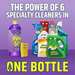 Promotional graphic showing a Pine-Sol lavender bottle and illustrated cleaning product characters with headline 'THE POWER OF 6'