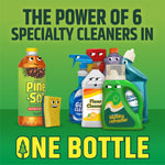 Promotional graphic showing Pine-Sol bottle and illustrated household cleaners with text 'THE POWER OF 6 SPECIALTY CLEANERS'