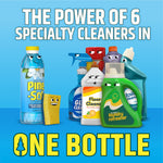 Promotional graphic with animated cleaning-product characters and a Pine-Sol bottle under 'The power of 6 specialty cleaners' headline