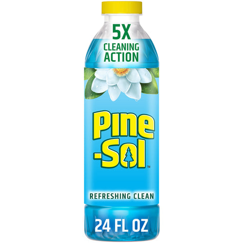 Tall Pine-Sol Refreshing Clean bottle with blue label, yellow cap and '24 FL OZ' volume printed at base