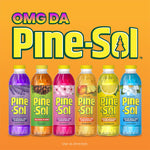 Row of six Pine-Sol bottles in different colored scents with large 'Pine-Sol' logo and 'Use as directed' text