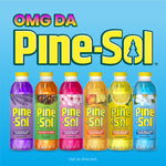 Row of six Pine-Sol bottles in different scent colors under a large Pine-Sol logo on a blue background promoting variety