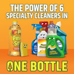 Graphic of Pine-Sol Tropical Breeze bottle alongside illustrated specialty cleaner characters and text 'THE POWER OF 6' and 'ONE BOTTLE'