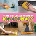 Collage showing hands cleaning various surfaces with cloths and mop and text about fighting dirt and grime