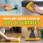 Collage showing hands cleaning various surfaces with cloths and mop plus text 'FIGHTS DIRT, GREASE & GRIME ON 100s OF SURFACES'
