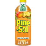 Front view of a Pine-Sol Tropical Breeze bottle with bright orange label and fruit artwork, 48 fl oz text visible