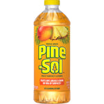 Tall Pine-Sol Tropical Breeze multi-surface cleaner bottle showing label, fruit imagery and product text on an orange background