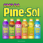 Row of six Pine-Sol bottles in different scents and colors under large Pine-Sol logo on green background