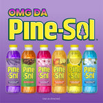 Row of six Pine-Sol bottles in different fragrances with large Pine-Sol logo and purple background