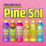 Row of Pine-Sol bottles in different scents on pink background with large Pine-Sol logo and headline text