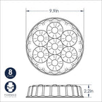 Line-drawing diagram showing top and side dimensions of a round pan with seven pineapple ring impressions, labeled 9.9in and 2.2in