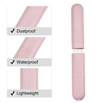 Pink speckled toothbrush travel case shown assembled and separated with callouts reading dustproof, waterproof, lightweight.