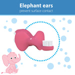 Illustrated side view of a pink elephant-shaped toothbrush head showing bristles and ‘elephant ears’ design on a dotted background.