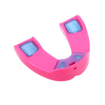 Underside of pink mouthguard showing inner blue gel pads and convertible tether attachment area