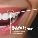 Lifestyle-style close crop showing pink floss between teeth with callout text stating non-waxed gentler on gums and ingredient notes