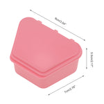 Pink triangular retainer case with overlaid dimensions arrows showing length, width and height