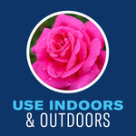 Pink rose in circular frame above large text reading ‘Use Indoors & Outdoors’ on blue background