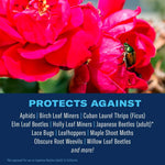Close-up of bright pink rose with a metallic green Japanese beetle and text panel listing pests the product protects against