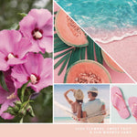 Collage lifestyle image with pink flowers, melon slices, ocean shore, couple on hammock and pink flip flops labeled mood description