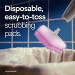 Close-up of a disposable pink scrubbing pad being tossed toward a trash bin with product text