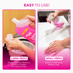 Two-panel graphic demonstrating easy use: pouring The Pink Stuff into a cup for large areas and spraying for small areas
