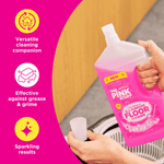 Lifestyle marketing image of hands pouring The Pink Stuff floor cleaner into a measuring cup beside icons of benefits
