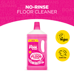 Promotional graphic showing The Pink Stuff no-rinse floor cleaner bottle with vegan and cruelty-free icons