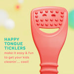 Pink tongue scraper detail shot showing textured nodules and smiling cutout with copy reading “happy tongue ticklers.”