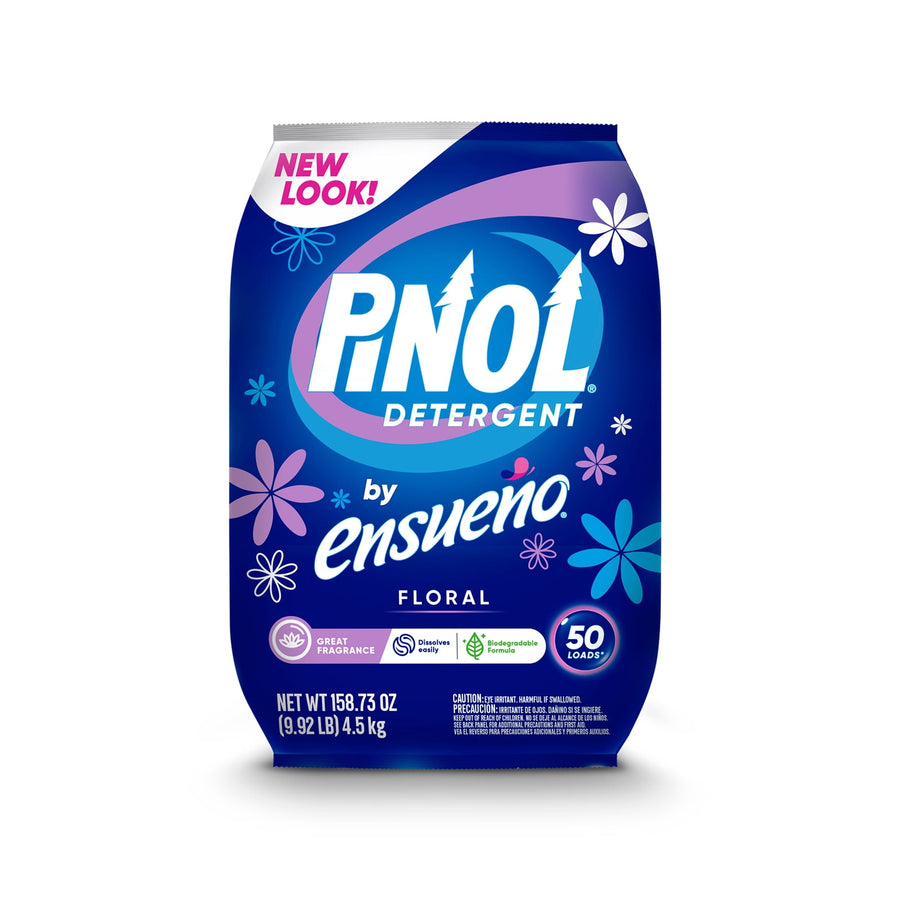 Pinol by Ensueño floral powder detergent bag with blue and purple design and prominent Pinol logo