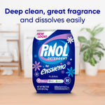 Pinol by Ensueño floral detergent bag displayed on a wooden surface with text about deep clean and great fragrance