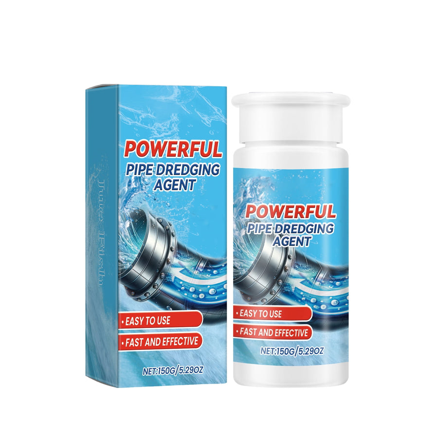 White plastic bottle and matching boxed packaging labeled 'POWERFUL PIPE DREDGING AGENT' with blue water and pipe graphic.