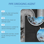 Blue infographic titled 'PIPE DREDGING AGENT' with a cutaway of a U-bend pipe and numbered feature descriptions on the left.