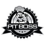 Black-and-white Pit Boss logo showing a chef character holding barbecue utensils inside a circular badge with the PIT BOSS wordmark.
