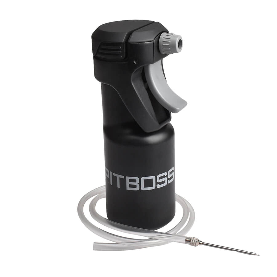 Black Pit Boss spritzer bottle with trigger head and flexible clear tube and metal injector needle